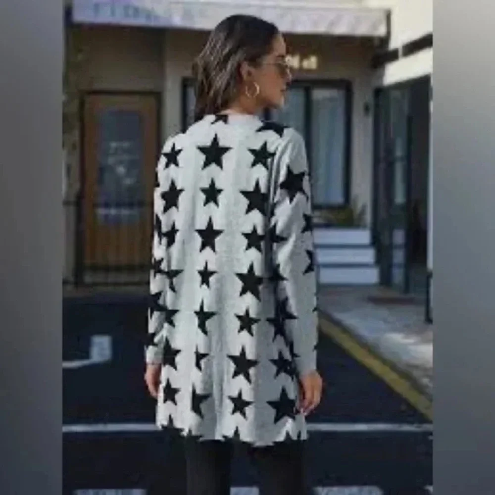 Shein | Five-Pointed Star Pattern Pocket Front Cardigan Longline Small